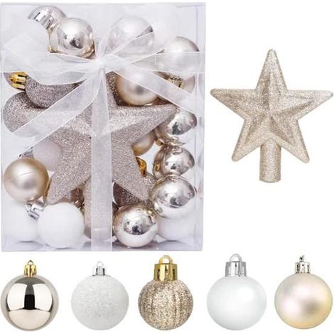 30 Stück Mini-Weihnachtskugeln mit Aufhängern, 3 cm, kleine goldene und weiße Kugeln, Dekorationen für den Mini-Tannenbaum auf dem T