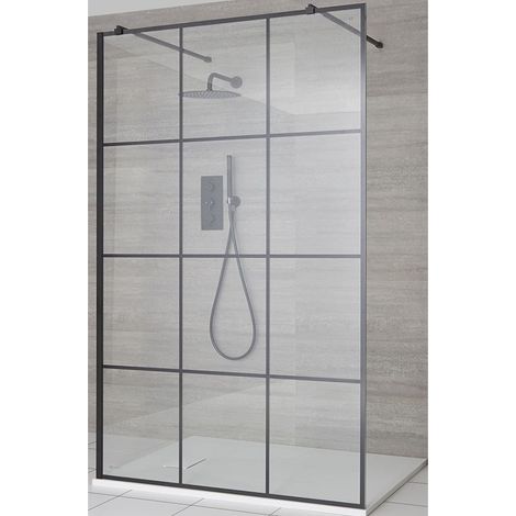 Milano Barq Black Floating Glass Walk In Wet Room Shower Enclosure with Grid Pattern Screen Support Arms and White Slate Effect Tray - 1400mm x 900mm (1/5)