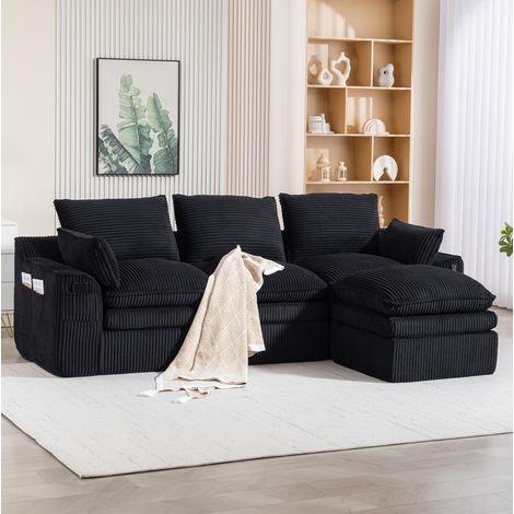 Sofá modular 3 plazas con reposapiés 263x167x85 cm negro en pana con bolsillos laterales (1/5)