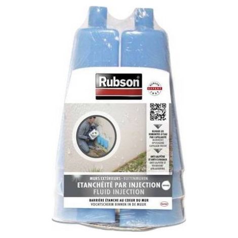Rubson – Kit d'injection étanchéité 6 vases et injecteurs – Barrière chimique hydrofuge – Pour murs extérieurs jusqu'à 1,5m – Solution méthylsiliconate (1/2)