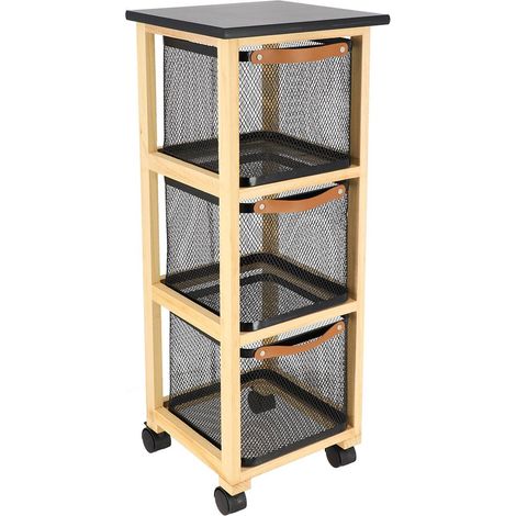 Meuble bois carre sur roulettes 3 paniers metal - noir/naturel - Tendance (1/4)