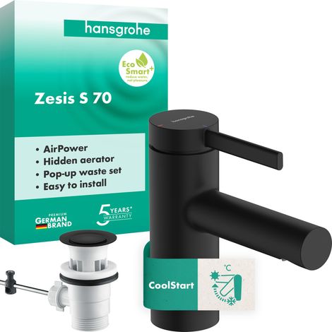 Mitigeur de lavabo avec tirette et vidage, Robinet de salle de bain avec hauteur sous bec 74 mm, max. 4l/min, Noir mat, 74710670 (1/5)