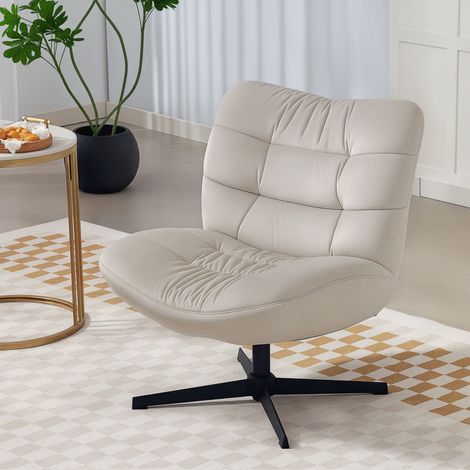 Poltrona girevole lounge, rivestita in ciniglia, senza braccioli, seduta e schienale ampi, 70x80x82 cm, color crema.