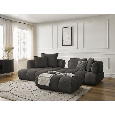 BOBOCHIC - Canapé d'angle fixe ALYA tissu bouclette avec pouf Angle gauche Marron (1/5)