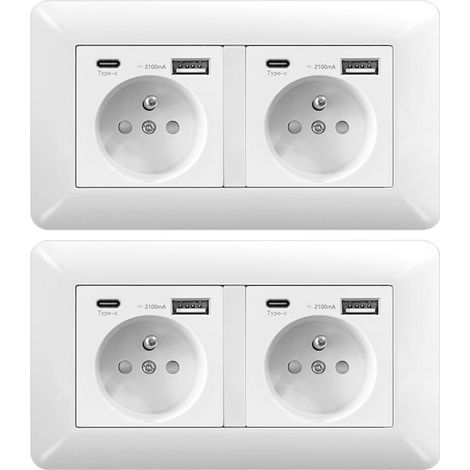 Lot de 2 Prise Électrique Murale Double 16A – Double Prise Encastrable, Charge Rapide 2 USB + 2 Type C pour Smartphones et Tablettes (1/4)