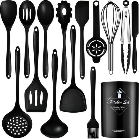 Ensemble de 15 ustensiles de cuisine en silicone avec poignée en acier inoxydable résistants à la chaleur et antiadhésifs avec porte-ustensiles lavables au lave-vaisselle noir (sans BPA) (1/5)