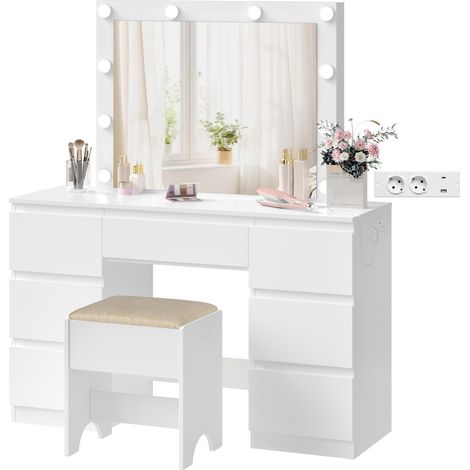 Woltu – Coiffeuse enfant avec miroir LED et tabouret – 7 tiroirs – Dimensions 110x39,5x140,5 cm – Multiprise intégrée – Rangement optimisé (1/5)