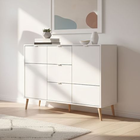 CALICOSY - Buffet 3 portes 1 tiroir décor blanc et chêne L115 cm KLINT (1/5)
