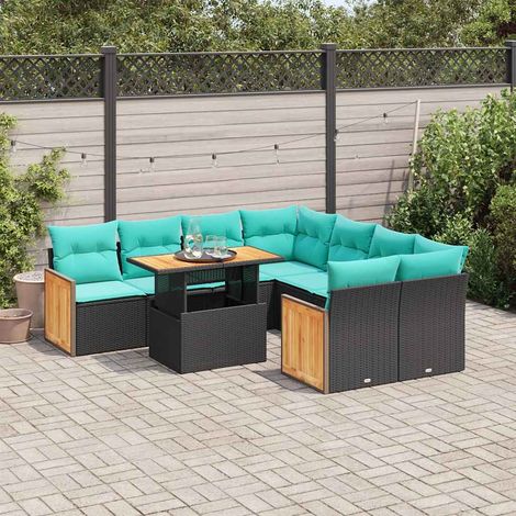 Salon de jardin modulable 9 pièces noir en résine tressée avec coussins bleus rangement intégré et table en acacia (1/5)