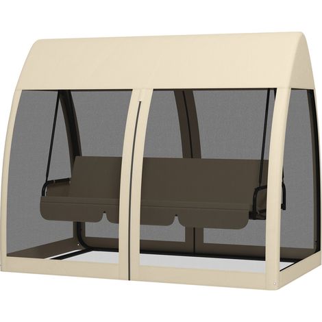 Outsuuny 2 in 1 Hollywoodschaukel mit Liegefunktion 3-Sitzer Gartenschaukel mit Baldachin, Mückennetz, Schaukelbank belast bis 300kg, Gartenliege für Garten, Terrasse, 240 x 140 x 197 cm, Kaffee