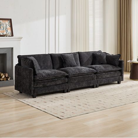 Sofá modular 3 plazas 289x75x84 cm de chenilla negra para salón FloraGrace (1/5)