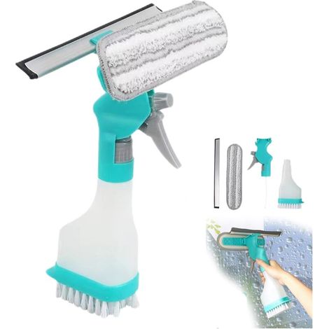 Kit de nettoyage de vitres 4 en 1 pour voiture, cuisine, salle de bain, portes de douche avec flacon pulvérisateur, raclette, grattoir (bleu) (1/5)