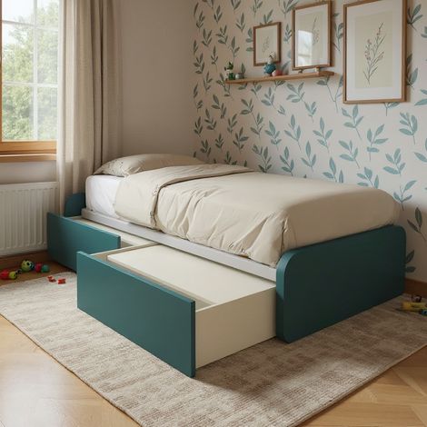 Letto singolo con cassetti 80x190 per cameretta - Design personalizzabile - Verde Petrolio