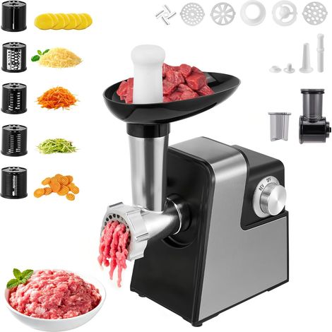 Hachoir à viande électrique,poussoir à saucisses,hachoir à viande et râpe à légumes électrique en acier inoxydable 2800Wmax,3 plaques de broyage,coupe-légumes avec 5 lames à trancher et Kubbe