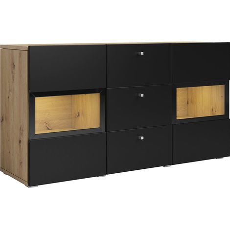 Credenza 2 ante 3 cassetti con LED Sloan Nero e Legno (1/4)