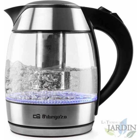 Wasserkocher aus Orbegozo-Glas.  Fassungsvermögen 1,8 l. Leistung 2200 W.  Graduiertes Glasgefäß.
