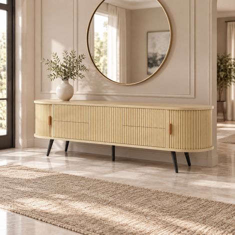 Mueble TV ovalado 180 x 40 x 45 cm, 4 cajones y puerta corredera, natural HAVRYA (1/5)