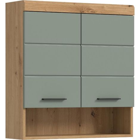 Scout Badschrank Wandhängend 2 Türen, 3 Spiegeltüren, 1 Regal Salbeidekor, Eiche Dekor.