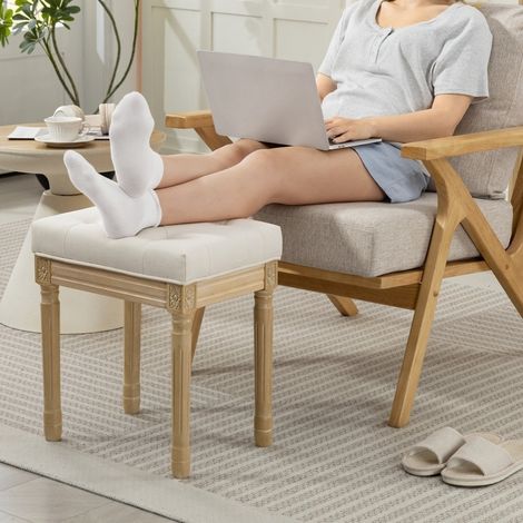 Pouf poggiapiedi imbottito in tessuto effetto lino beige con gambe in legno 42 x 32 x 46,5 cm OKWISH (1/5)