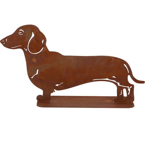 Statuetta decorativa da giardino a forma di bassotto, realizzata in acciaio corten, altezza 30,6 cm.