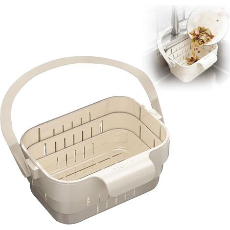Collapsible dish drainer with integrated strainer, hanging kitchen colander, multifunctional storage rack for faucet, vegetable drainer (cream white) (1/5)