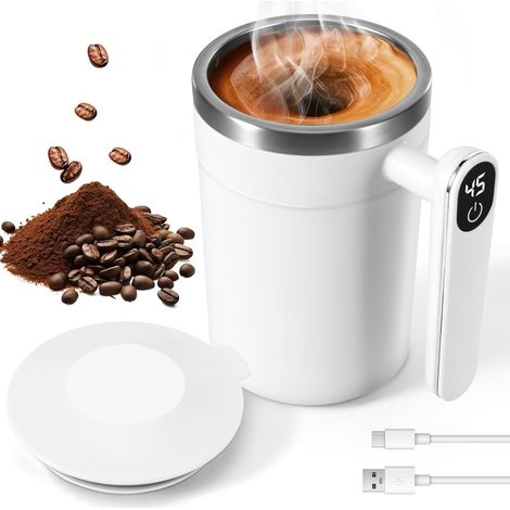 Selbstrührende Tasse 400ml mit Temperaturanzeige, Automatischer Magnetischer Rührbecher aus Edelstahl, Elektrischer Kaffeebecher für Milch Kakao Kaffee im Büro Zuhause Reisen (Weiß) (1/5)