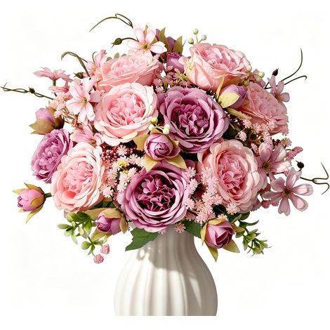 Bouquet de fleurs artificielles - 33 cm - 13 pièces - Rose et lilas - Fleurs en soie et gypsophile pour la décoration de mariage et de salon (1/5)