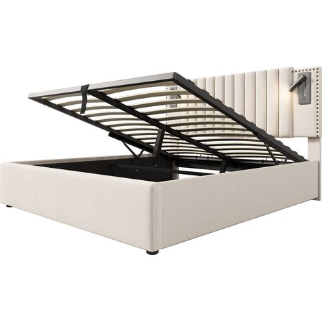 Cama canapé 160x200 beige de algodón con LED de lectura, USB-C y cabecero regulable (1/5)