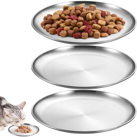 3 Flat Stainless Steel Cat Bowls, 14 cm Cat Bowl with Large Whiskers, Easy to Clean (1/5)