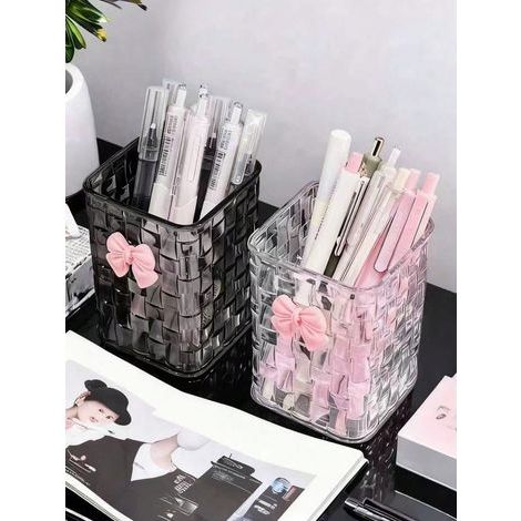 2-teilige, transparente, graue Schreibtisch-Aufbewahrungsbox mit dekorativem, rosa Schleifen-Stifthalter. Ideal zur Aufbewahrung von Büroartikeln, Studentenwohnheimen, Make-up oder Hautpflegeprodukten (1/5)
