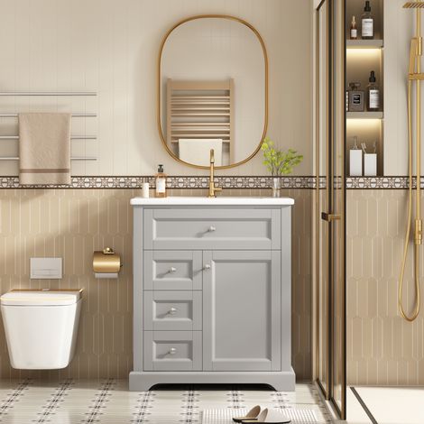 Meuble de salle de bain sur pied 76 x 46 x 87 cm avec vasque, meuble-lavabo, laqué résistant à l'humidité, tiroirs à fermeture amortie, étagères de porte, tiroir rabattable, étagère réglable, gris (1/4)