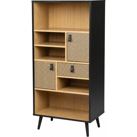 Bibliothèque Chelsea avec Rangements et Poignées Effet Cuir - 60 x 40 x H140 cm - Effet Bois et Noir - Livraison gratuite (1/2)