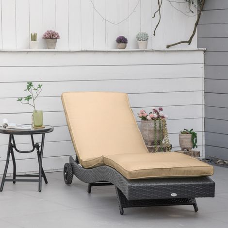 Chaise longue de jardin en rotin PE avec dossier réglable et coussin. 207 x 70 x 70 cm. Noir.