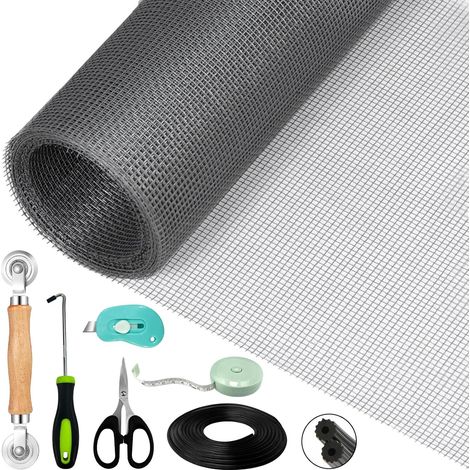 Kit de Réparation D'écran de Fenêtres, Moustiquaire Fenêtre (120cm X 300cm - Gris) Découpable Individuellement, Réparation Moustiquaire Fenêtre avec outil de roulement/10M Bande Caoutchouc (1/5)