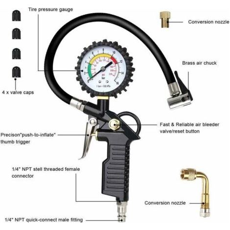 NALOOKAMIC Manometre Pression Pneu, Numérique Manomètre Pneu, Pistolet de Gonflage Manomètre Avec 4 Bouchons de Valve//un Adaptateur de Buse à Air Français//une Tige de Rallonge en Métal de 90 Degrés-