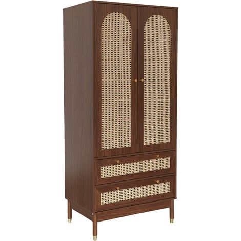 sweeek - Kleiderschrank mit 2 Türen, 2 Schubladen und Rattan-Geflecht