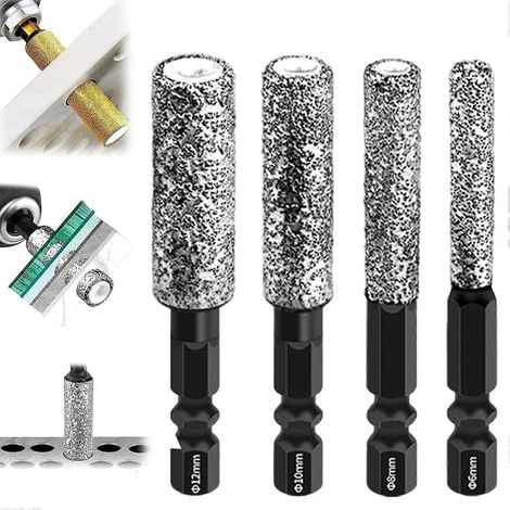 Jeu de scies cloches diamantées 6/8/10/12 mm, forets à sec queue hexagonale pour carrelage verre marbre métal, kit 2 en 1 perçage meulage argent (1/5)
