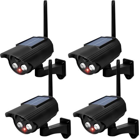 Lot de 4 Camera Factice, 135 X 60mm Camera Factice Exterieur, Caméra Fausse Solaire, Fausse Camera Surveillance Exterieur avec LED Infrarouge Clignotante Rouge pour L'intérieur et L'extérieur Noir (1/5)