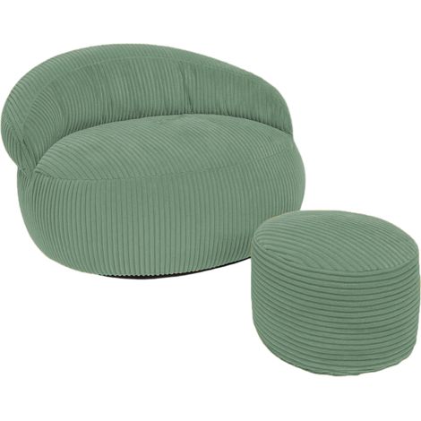 Pouf XXL déhoussable en velours côtelé BANANAIR 110x100 cm + repose-pieds vert (1/5)