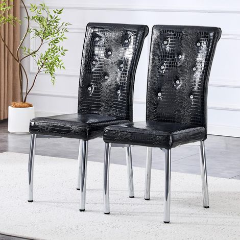 Set di 2 sedie da pranzo per cucina e soggiorno, struttura in metallo e similpelle effetto coccodrillo con bottoni effetto cristallo, Nero (1/5)