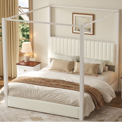 Himmelbett 180x200 cm Beige/Weiß aus MDF, Metall und Samt mit gepolstertem Kopfteil (1/5)