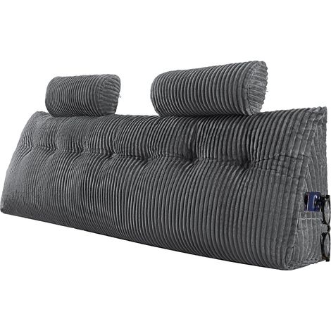 Coussin de lecture avec 2 poches latérales et 2 appuis-tête, coussin tête de lit (King Size), oreiller en flanelle lavable, soutien dorsal pour lire, jouer, se reposer et travailler, gris (1/5)
