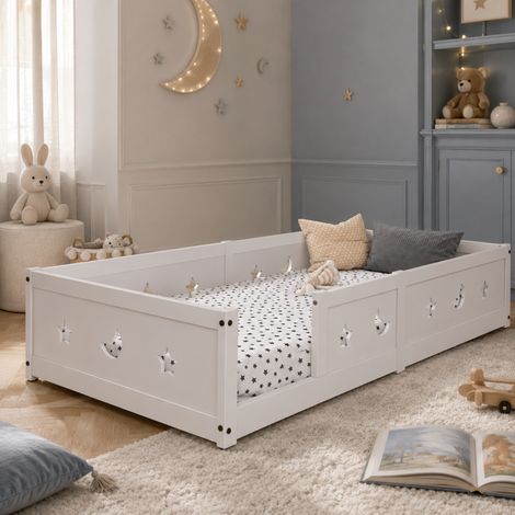 Lit Montessori, Lit au Sol Enfant 90x200, Lit simple avec Barrière de Sécurité et Sommier à Lattes, blanc, pour Garçons et Filles, Enfants et Bébés, sans matelas (1/5)