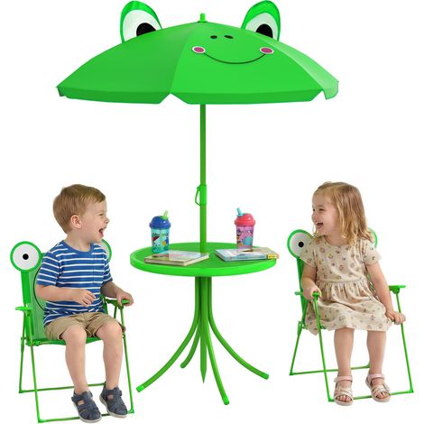 Ensemble de jardin 4 pièces pour enfants comprenant 2 chaises pliantes, un parasol et une table ronde, en acier et tissu Oxford, vert. (1/5)