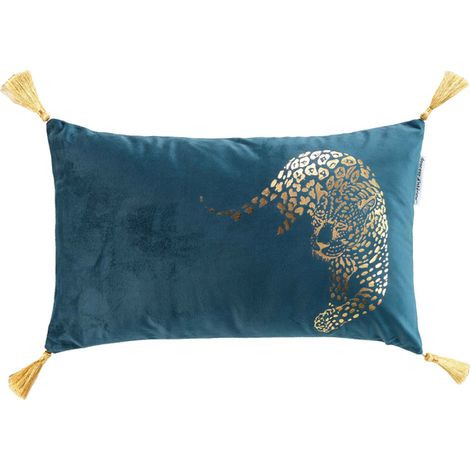 Coussin déhoussable en velours avec pompons et imprimé jaguar metallisé Baguera - Bleu - 30 x 50 cm - Livraison gratuite (1/3)