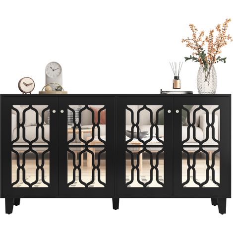 Buffet design noir miroir avec 4 portes, poignées cristal, 2 étagères amovibles, meuble de rangement salon et salle à manger, 160 x 40 x 84 cm CHICFURN (1/5)