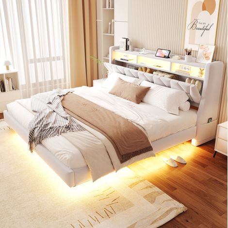 REDOM - Cama doble 180x200 cm cabecero abatible con almacenaje, LED, USB y Type C, terciopelo beige(Sin colchón) (1/5)
