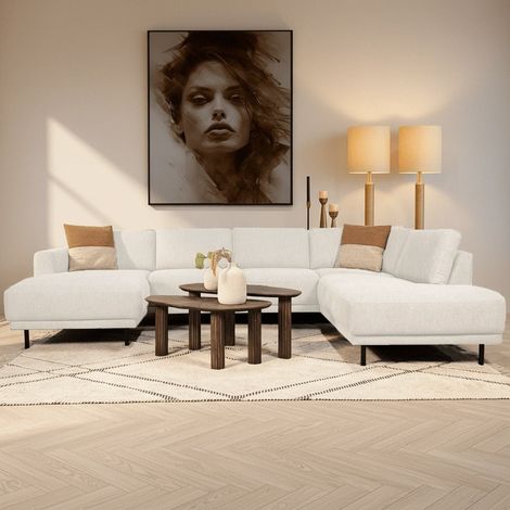 Moderne U-Bank Ecksofa Beiger Stoff – Rechts – 310 x 197 x 142 cm