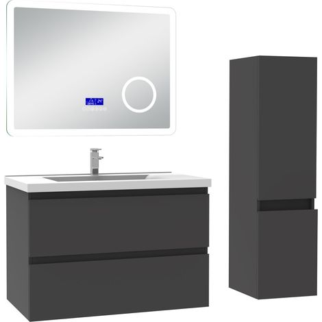 Ocean ensemble meuble 80 cm anthracite avec 2 tiroirs à fermeture automatique, lavabo céramique + miroir salle de bain Bluetooth tricolore + colonne, suspendu