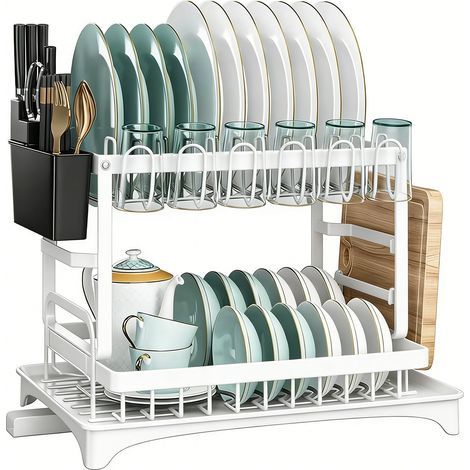 Égouttoir à vaisselle à deux niveaux en métal avec bac d'égouttage automatique, compact et durable. Pour assiettes, verres et couverts. Montage et démontage en quelques secondes pour un rangement et u (1/5)